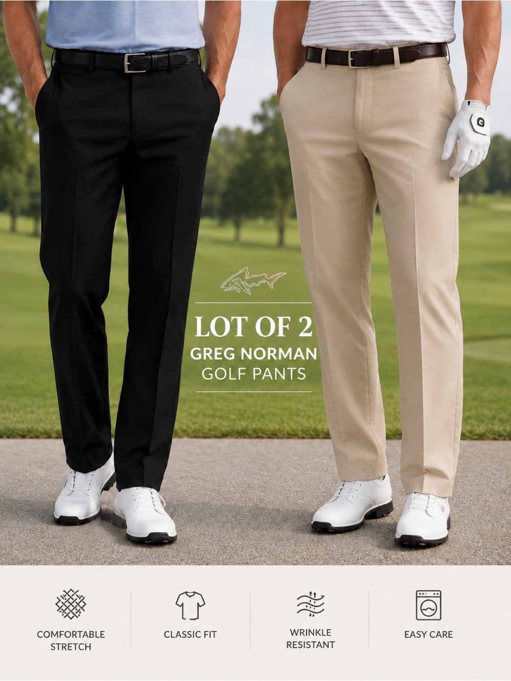 Lot of 2 Greg Norman Golf Pants Black Khaki Performance Stretch Slacks